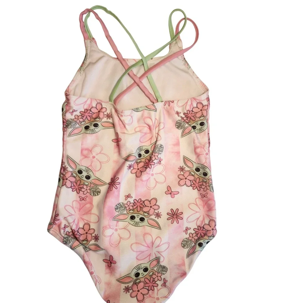 Star Wars Grogu Baby Yoda Girls One Piece Swimsuit Pink Floral Size 6 6X Strappy